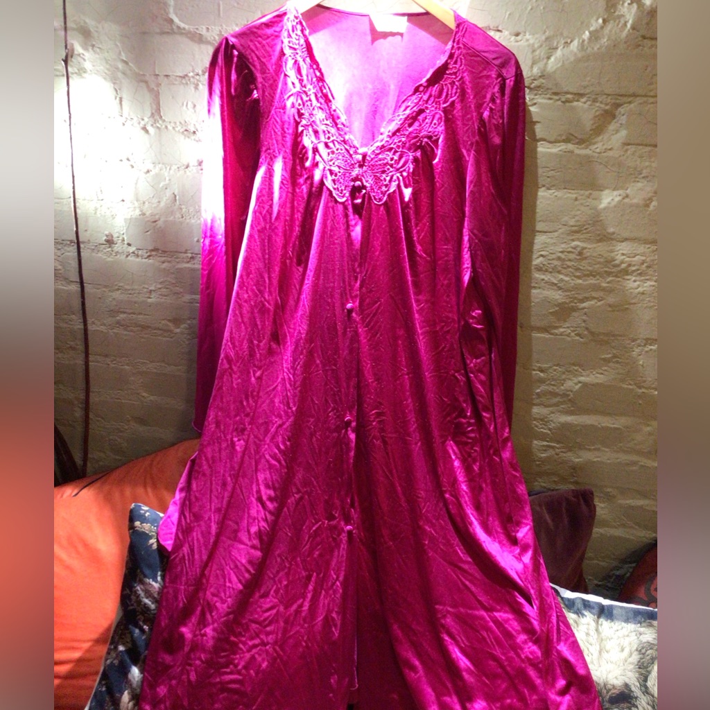 Vintage Vanity Fairwomen's Fuchsia Lace-Trim Long Satin Nightgown
